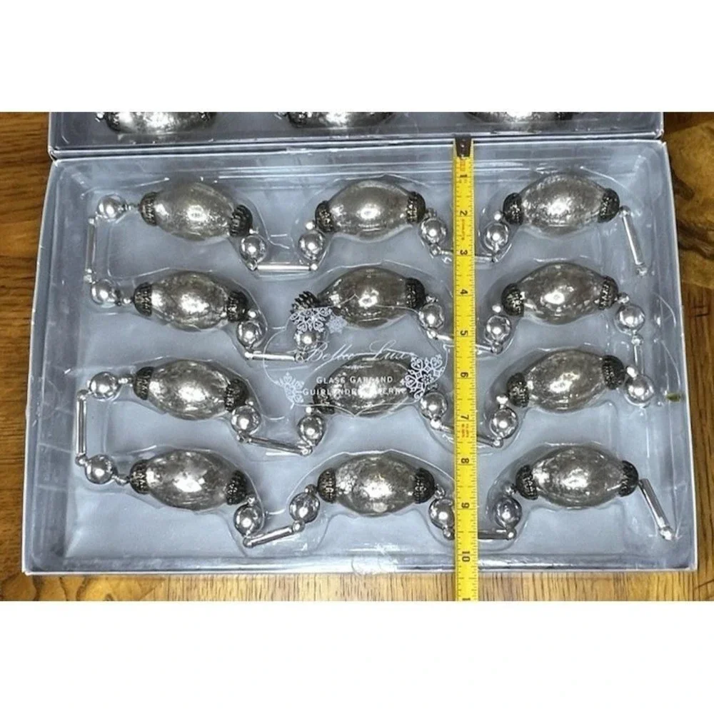 2 Bella Luce Christmas Mercury Glass Garland Silver w/ Ornate End Caps Boxed 12'